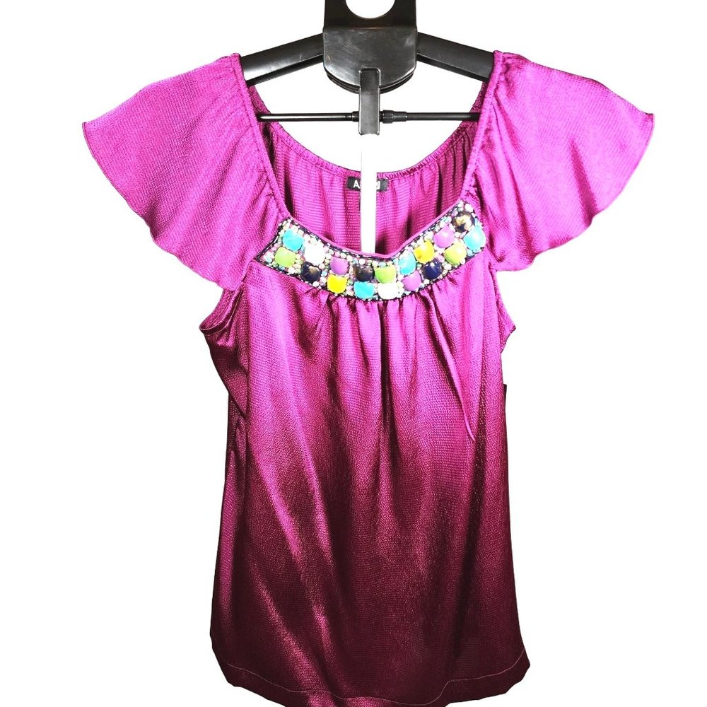 Apt. 9 Medium Jeweled Beaded Scoop Neck Purple Flutter Sleeve Blouse